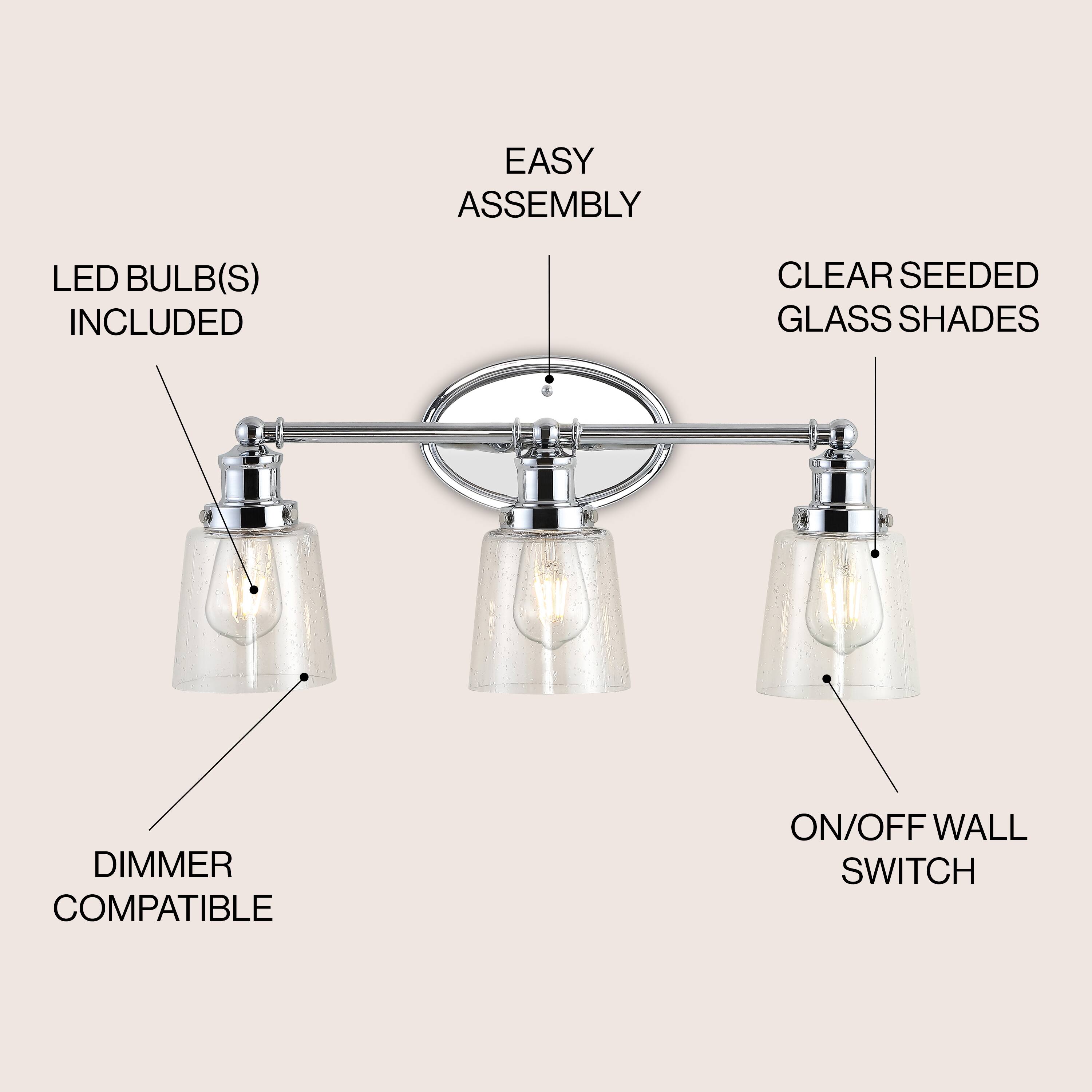 EASY ASSEMBLY  
LED BULB(S) INCLUDED  
CLEAR SEEDED GLASS SHADES  
DIMMER COMPATIBLE  
ON/OFF WALL SWITCH
