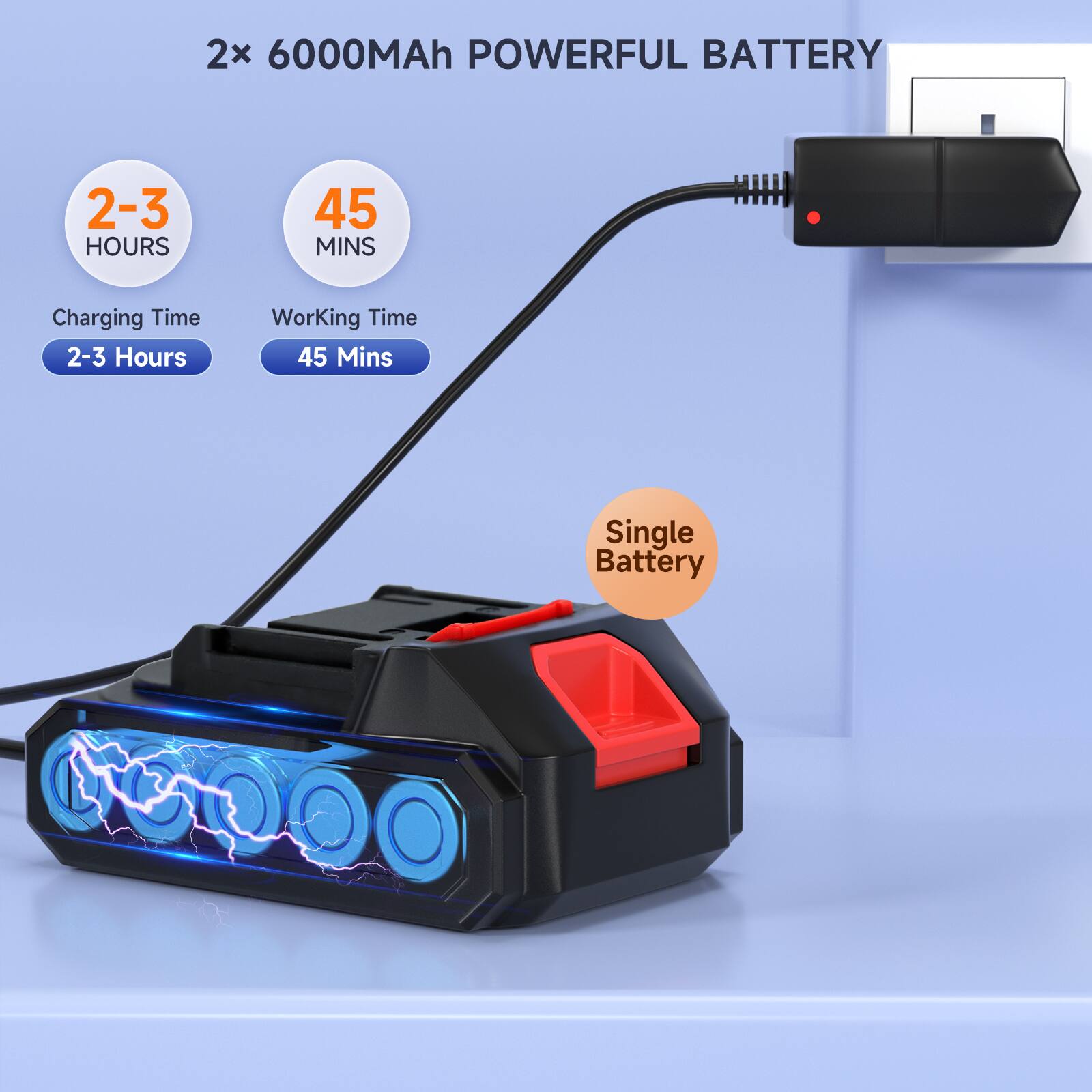 2x 6000mAh POWERFUL BATTERY

- Charging Time: 2-3 Hours
- Working Time: 45 Mins

Single Battery