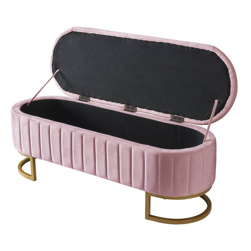 Angle. HTUTWOO - Velvet Storage Ottoman Bench for Bedroom Room - Button-Tufted Upholstered Bench with Metal Legs, Assembled Except Legs - Pink.