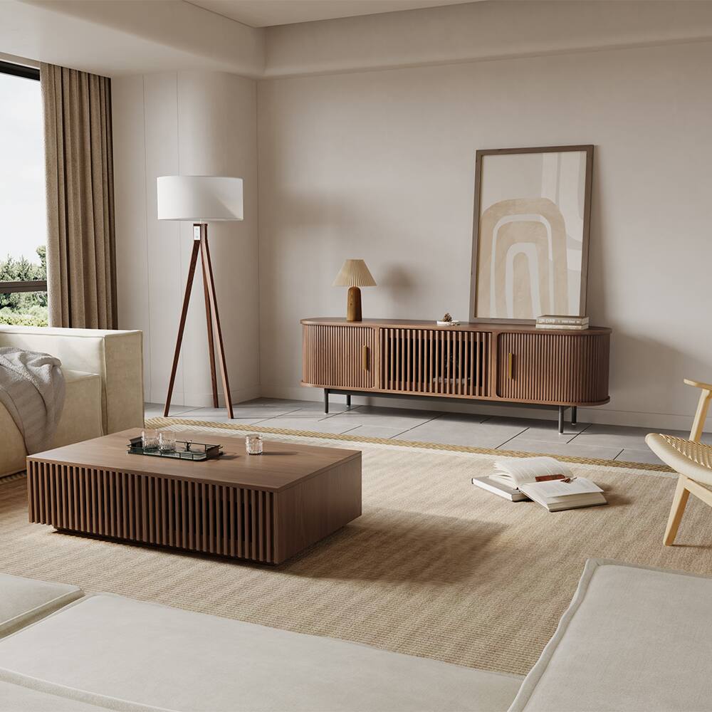 Left. POVISON - 71"Mid-Century Modern Tambour Door TV Stand - Walnut.