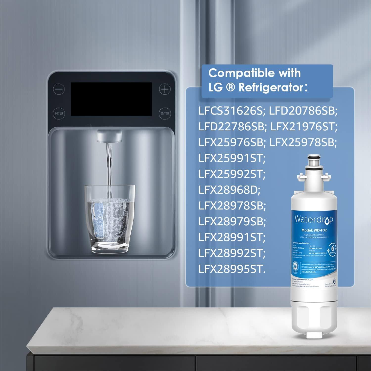 Compatible with LG Refrigerator:  
LFC31626S; LFD20786SB; LFD22786SB; LFX21976ST; LFX25976SB; LFX25978SB; LFX25991ST; LFX25992ST; LFX28968D; LFX28978SB; LFX28979SB; LFX28991ST; LFX28992ST; LFX28995ST.  

Waterdrop Model WD-F32