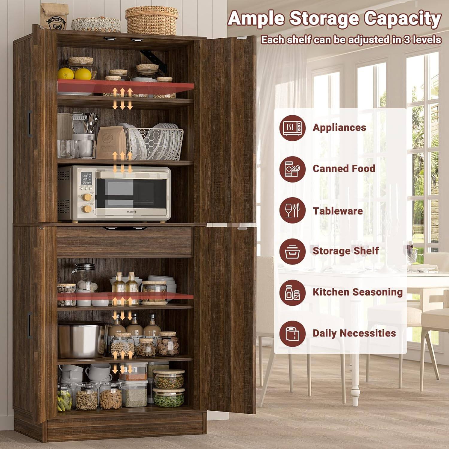 Ample Storage Capacity  
Each shelf can be adjusted in 3 levels  

- Appliances  
- Canned Food  
- Tableware  
- Storage Shelf  
- Kitchen Seasoning  
- Daily Necessities