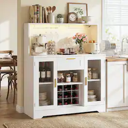 Aheaplus - Coffee Bar Cabinet with Drawer, 39.4''W Bar Cabinet with LED Lights and Doors - Whtie