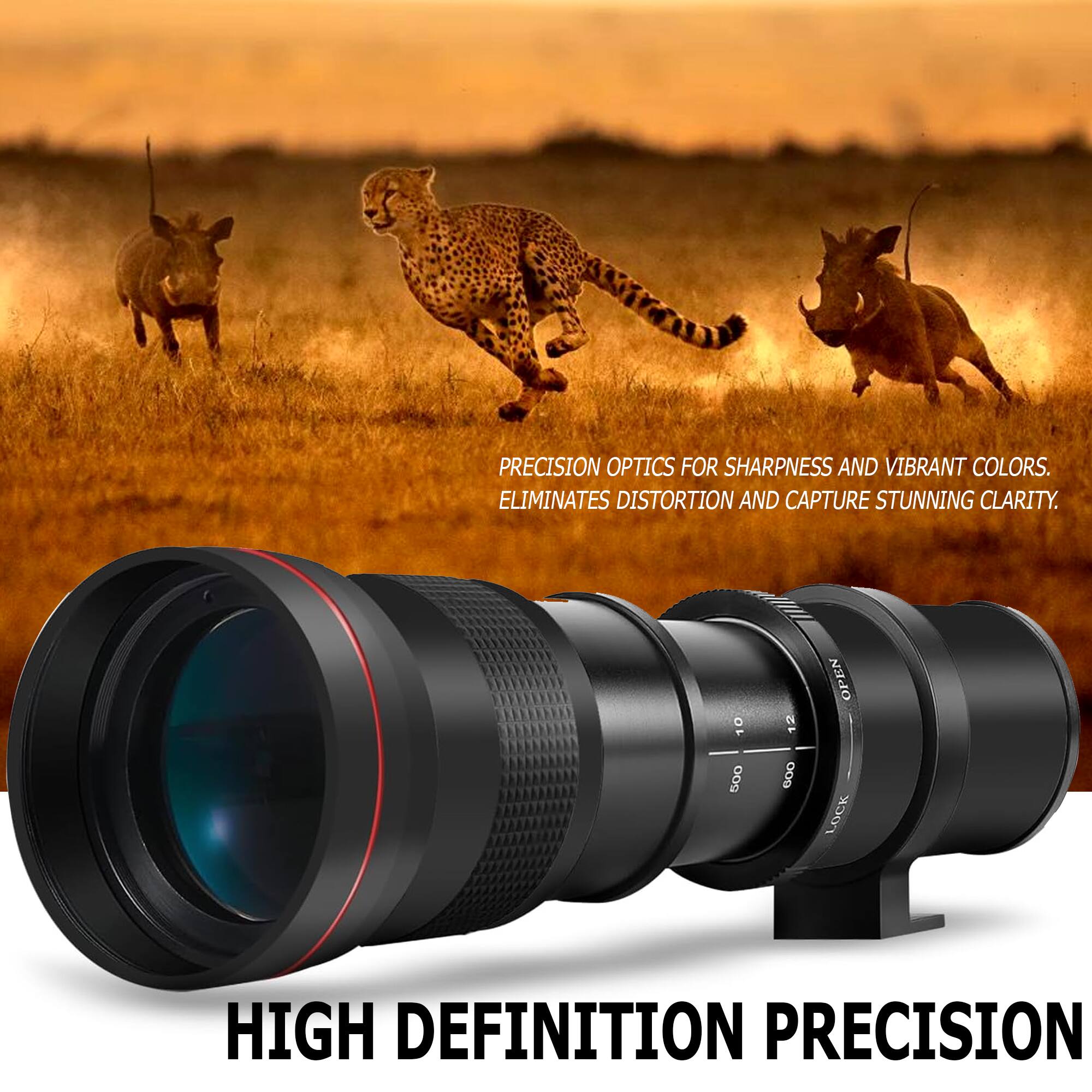 PRECISION OPTICS FOR SHARPNESS AND VIBRANT COLORS. ELIMINATES DISTORTION AND CAPTURE STUNNING CLARITY. 10 500 12 600 OPEN LOCK HIGH DEFINITION PRECISION