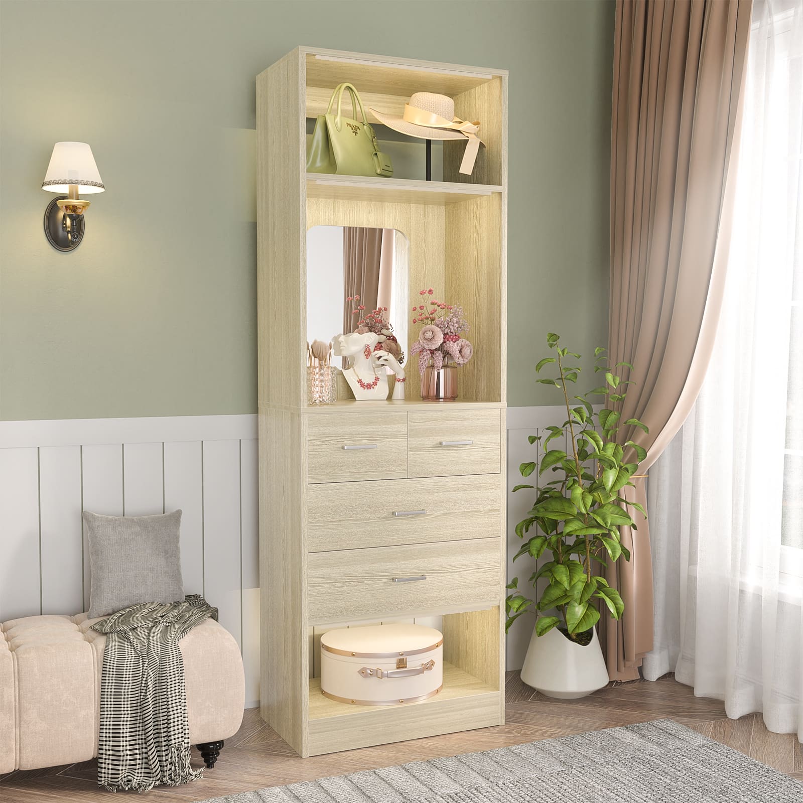 Photos - Display Cabinet / Bookcase Inch Aheaplus - 25  Closet System with 4 Wooden Drawers, Freestanding Closet Organizer with Mirror & Storage Shelves - Beige 