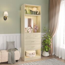 Aheaplus - 25 Inch Closet System with 4 Wooden Drawers, Freestanding Closet Organizer with Mirror & Storage Shelves - Beige Oak