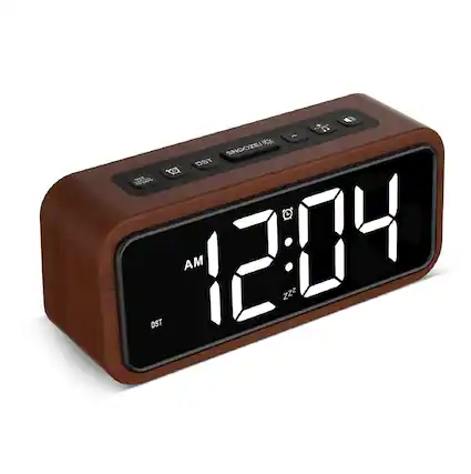 Front. Dazzed Corner - Wooden Alarm Clock,Digital Plug-in Clock - Wood.
