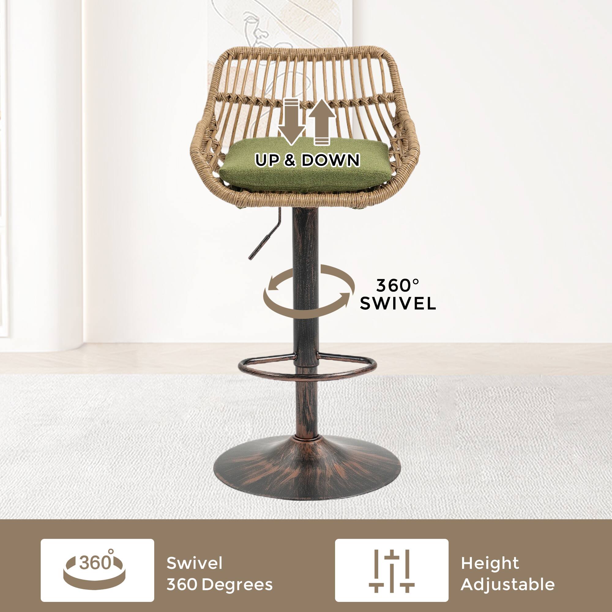 UP & DOWN  
360° SWIVEL  
360 Degrees  
Height Adjustable