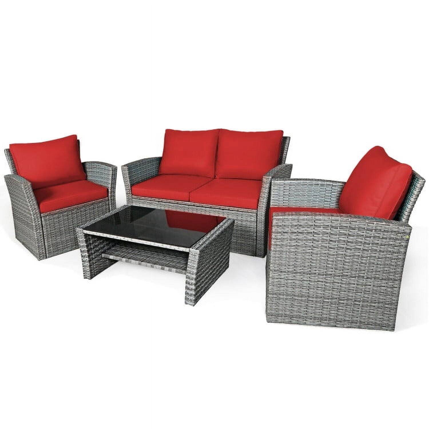 Left. Kadyn - 4 Pieces Patio Rattan Furniture Set, Outdoor Furniture Garden Conversation Sets with Storage Shelf Cushion-Gray - Red.