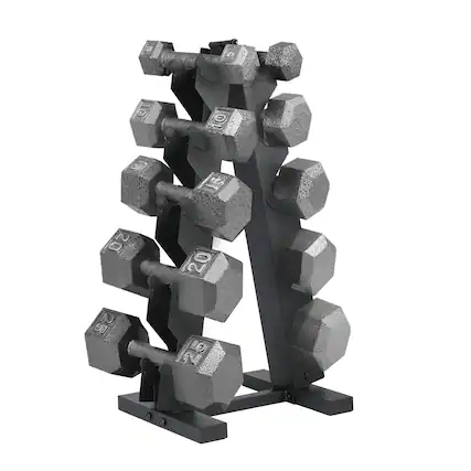 Front. HolaHatha - HolaHatha 5, 10, 15, 20, 25 lb Cast Iron Dumbbell Free Hand Weight Set with Rack - Silver.