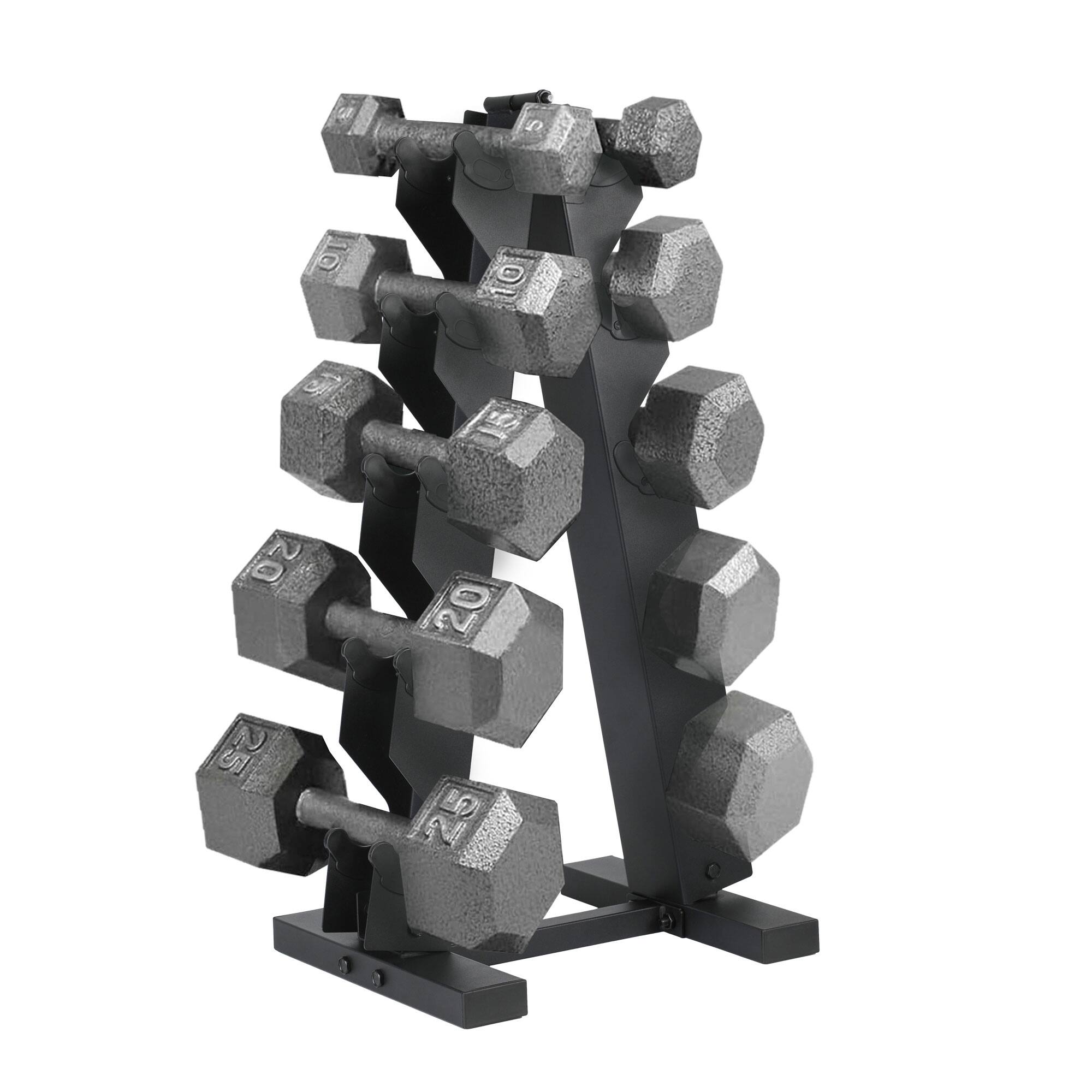 Front. HolaHatha - HolaHatha 5, 10, 15, 20, 25 lb Cast Iron Dumbbell Free Hand Weight Set with Rack - Silver.