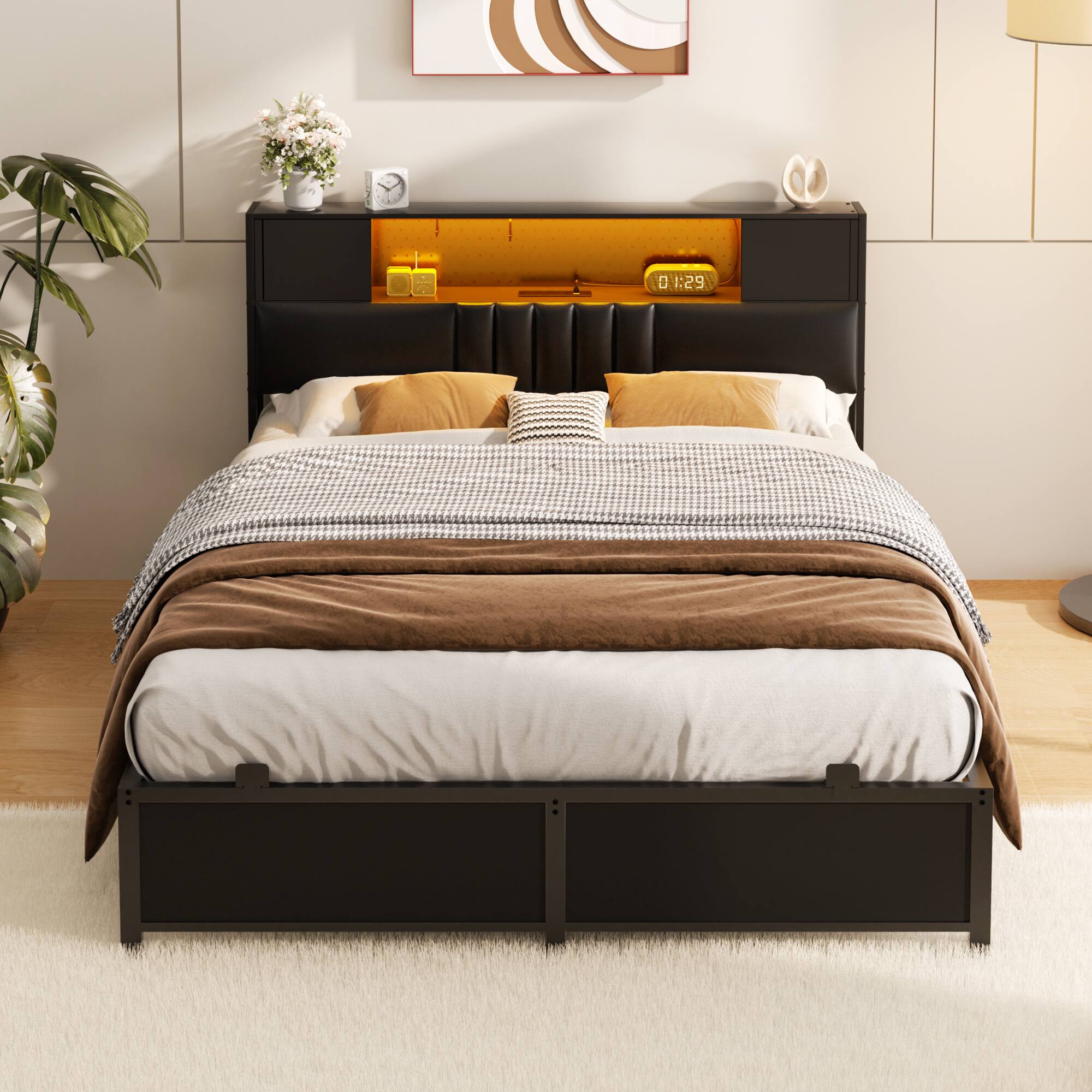 Angle. Aheaplus - Modern Bed Frame: Power Outlet & LED Lights, Headboard Storage, Quiet Support - Black.