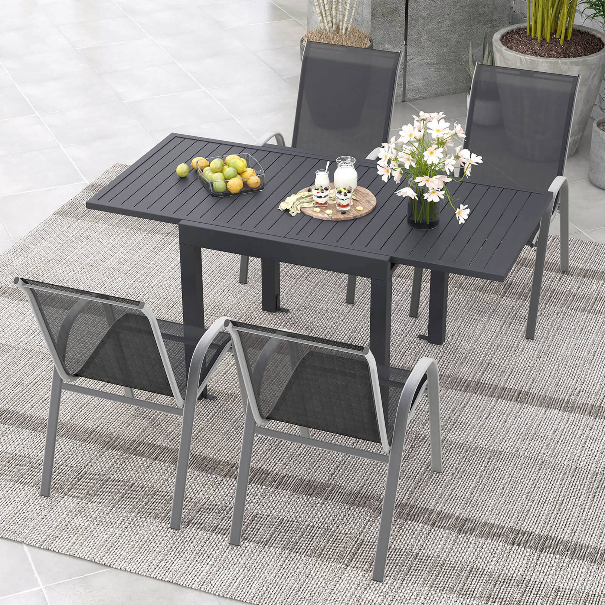 Alt View 1. Gymax - Gymax 5 PCS Outdoor Dining Table Set w/ Extendable Aluminum Table & 4 Stackable Chairs - Dark Gray, Black, Gray.