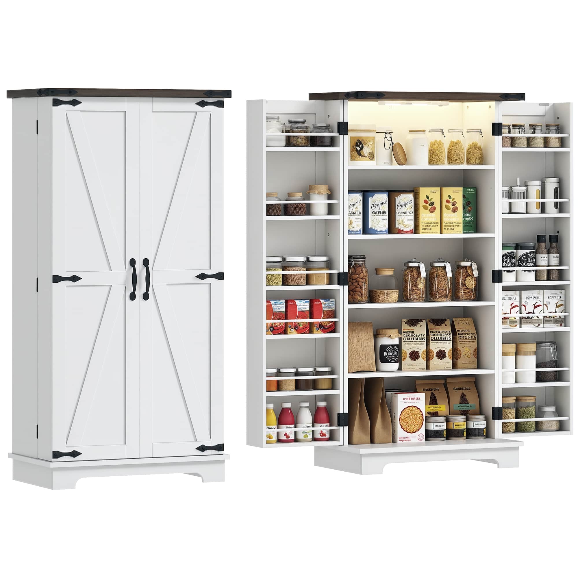 Homcom - Kitchen Cabinet with Sensing LED Light, Kitchen Pantry Cabinet with Doors, Adjustable Shelves - White