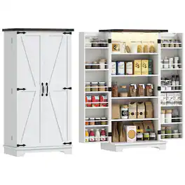 Homcom - Kitchen Cabinet with Sensing LED Light, Kitchen Pantry Cabinet with Doors, Adjustable Shelves - White