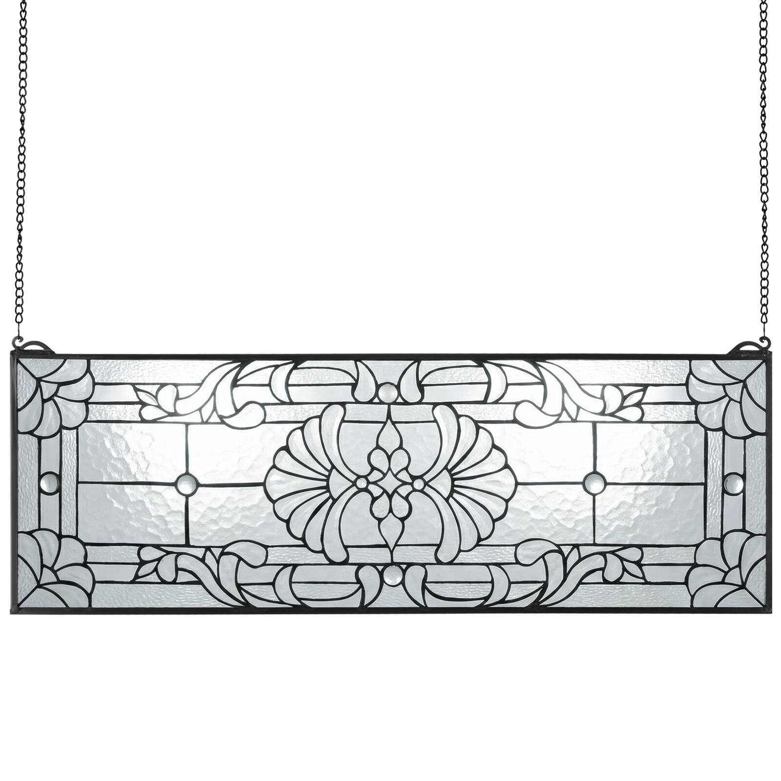 Front. VEVOR - Stained Glass Window Panel, 35.2" x 13" Tiffany Style Hanging Transom Window Panel with Chain - Colorful.