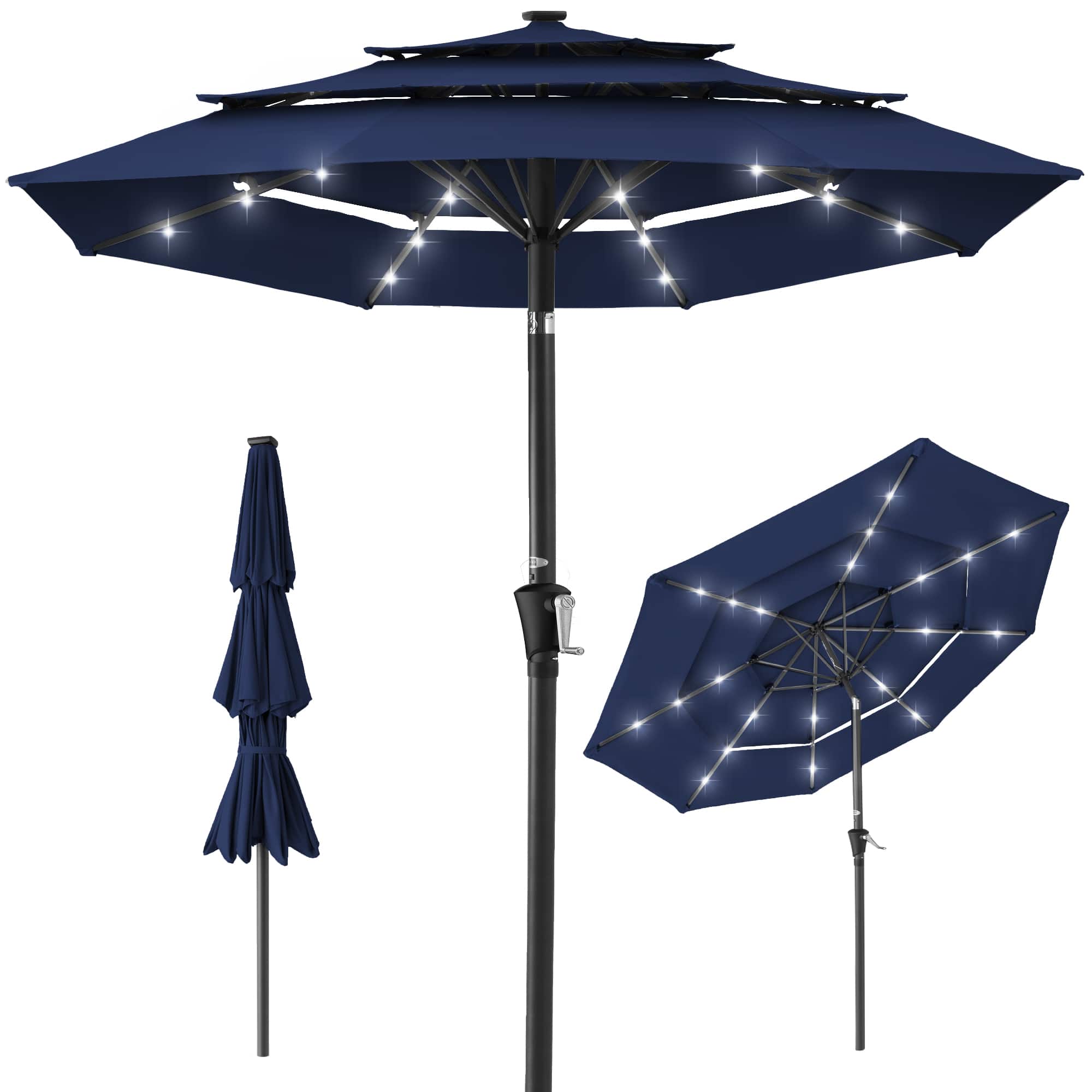 Front. Best Choice Products - Best Choice Products 10ft 3-Tier Solar Patio Umbrella w/ 24 LED Lights, Tilt Adjustment, Easy Crank - Navy Blue - Navy Blue.