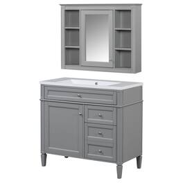 Boyel Living - 36 Inch Bathroom Vanity Set with Mirror Cabinet Resin Sink 3 Drawers 2 Doors - Gray