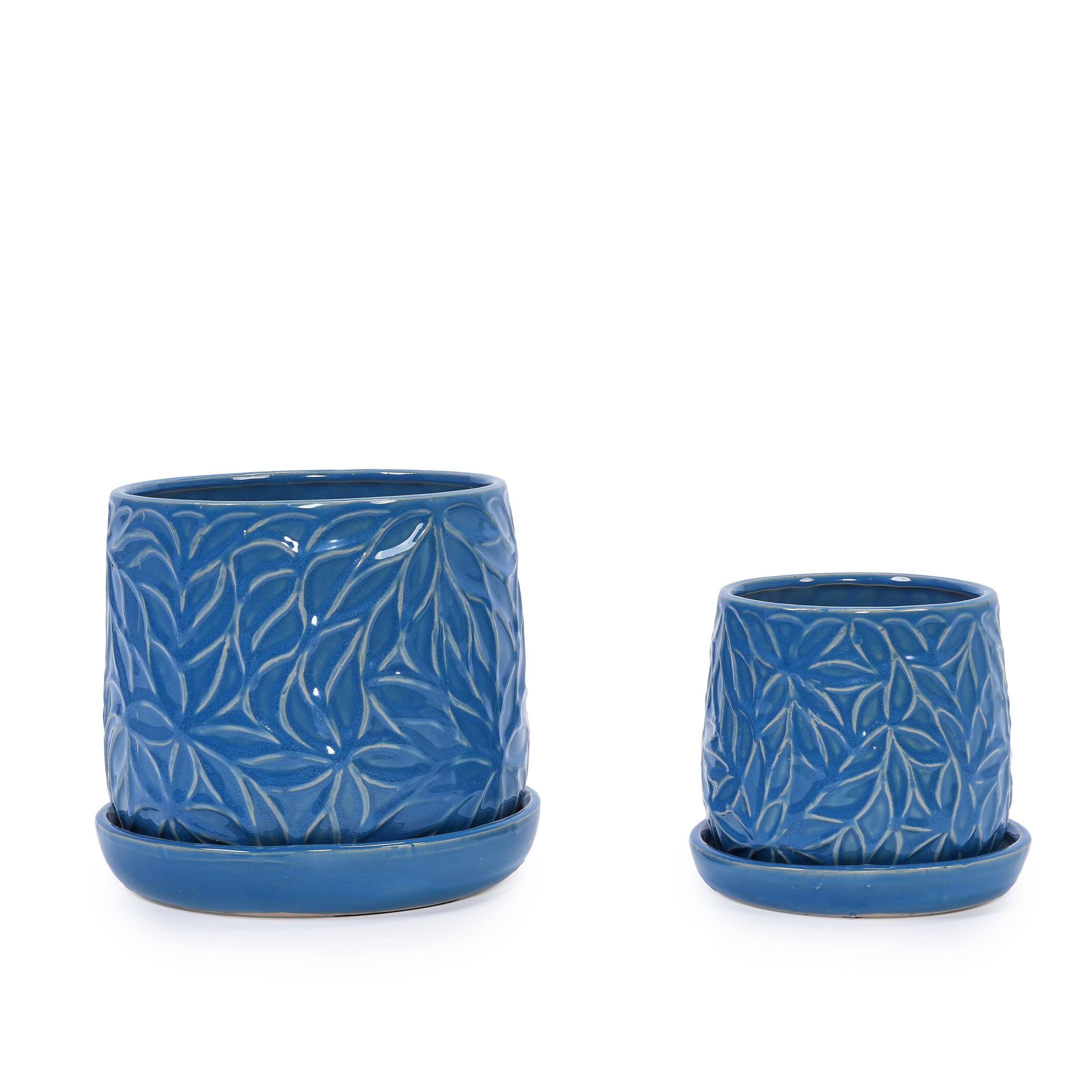 Alt View 6. Loheer - Ceramic Planter Set Loheer Handmade Blue Plant Pots with Saucers, Leaf Pattern, 6in and 8in for Succulents Herbs.