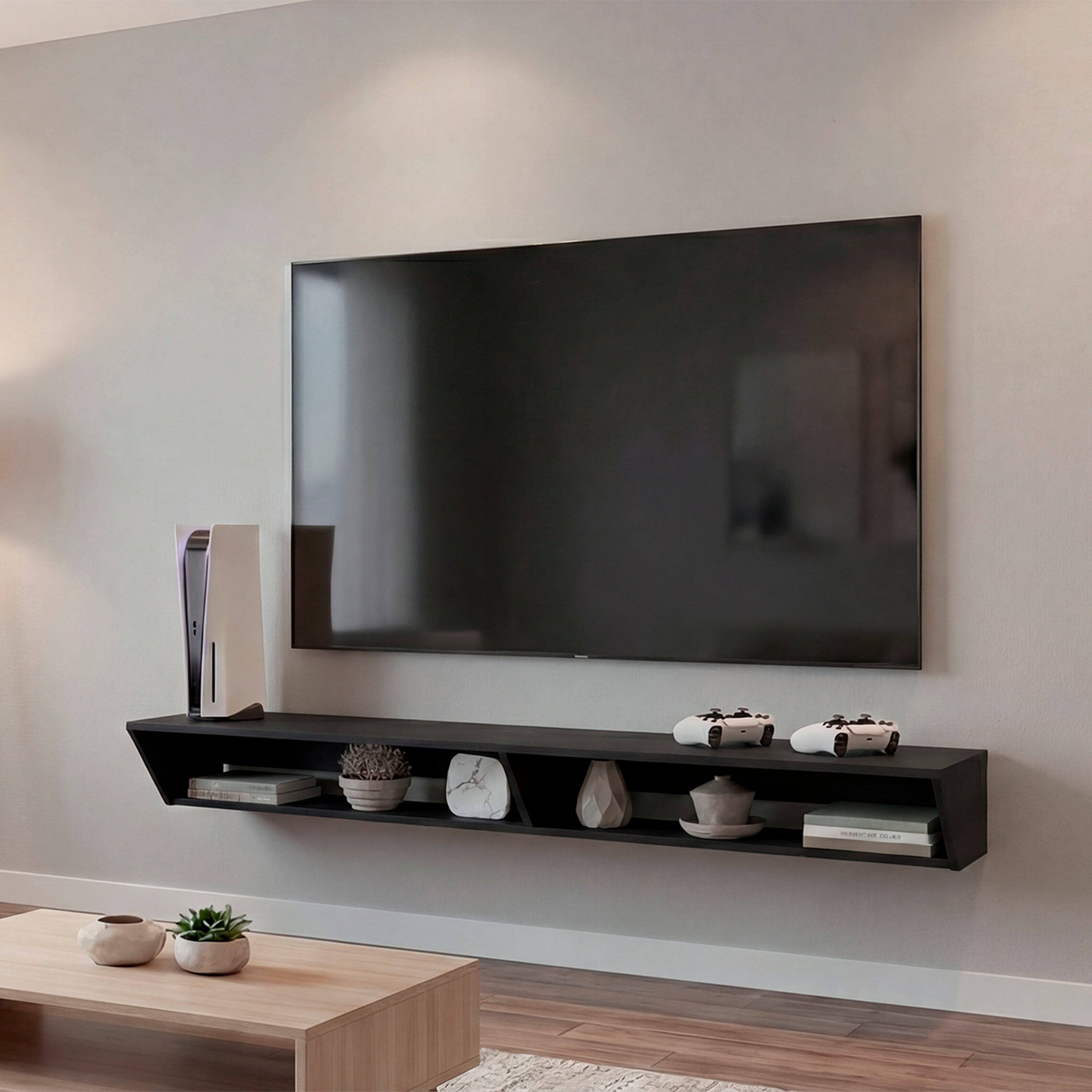 Angle. TuHome - Modern Floating TV Stand for 50-65 Inch TVs, Gaming Consoles, with Open Display Shelves, Wall Entertainment Center - Dark Brown.