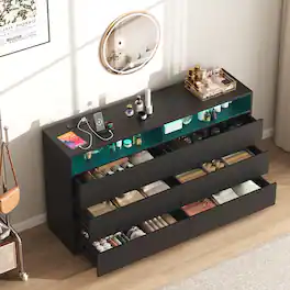 Vipbear - 6-Drawer Double Dresser with Power Outlet & LED Lights, Wide Storage Chest with Open Shelves - Black