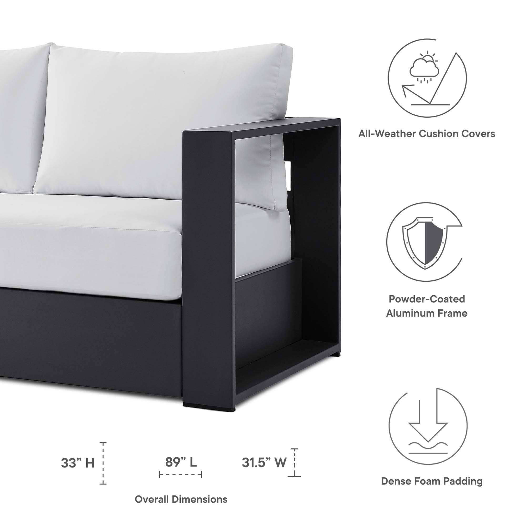 All-Weather Cushion Covers  
Powder-Coated Aluminum Frame  
33" H x 89" L x 31.5" W  
Overall Dimensions  
Dense Foam Padding