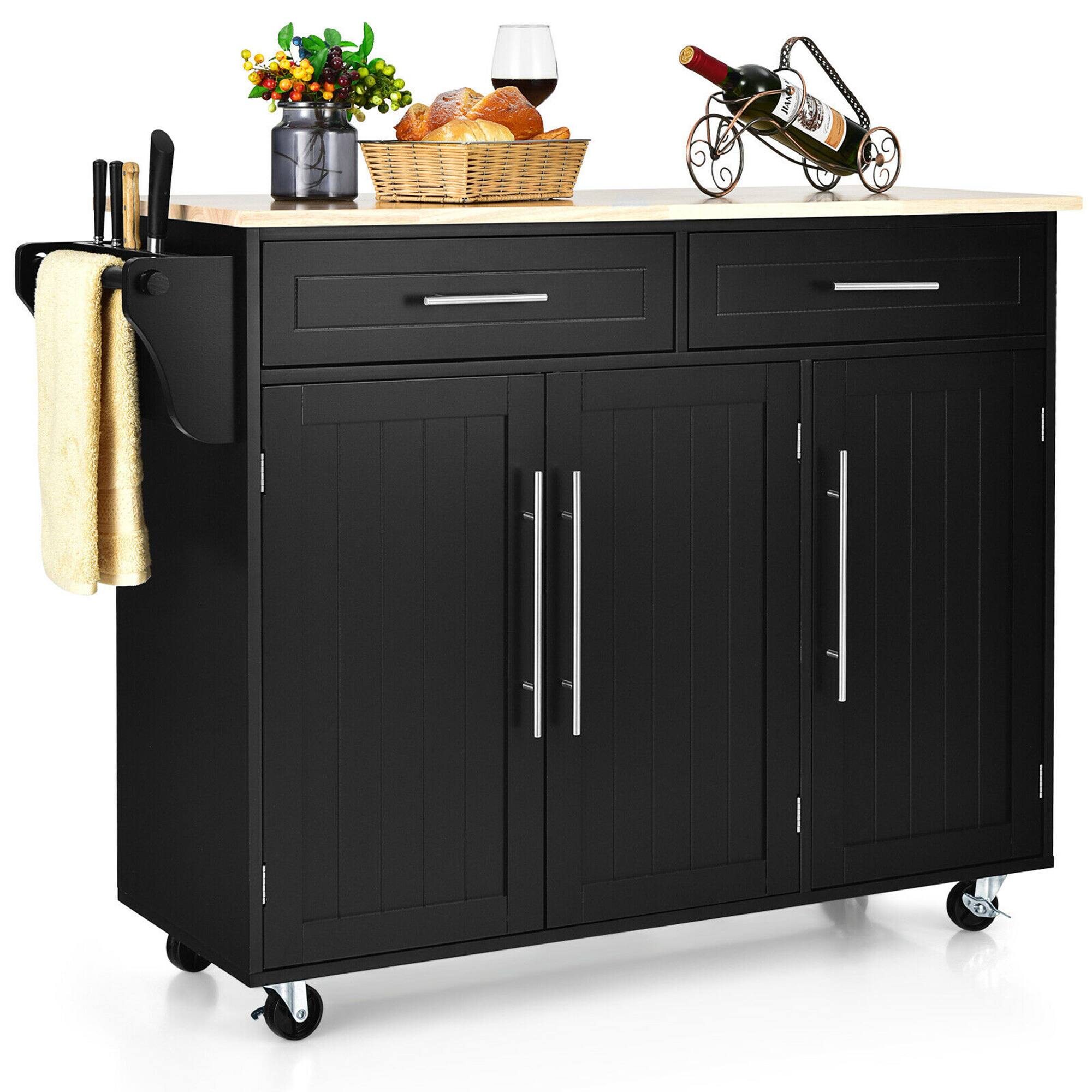 Front. Gymax - Gymax Kitchen Island Trolley Cart Wood Top Rolling Storage Cabinet w/Knife Block Black - Black.