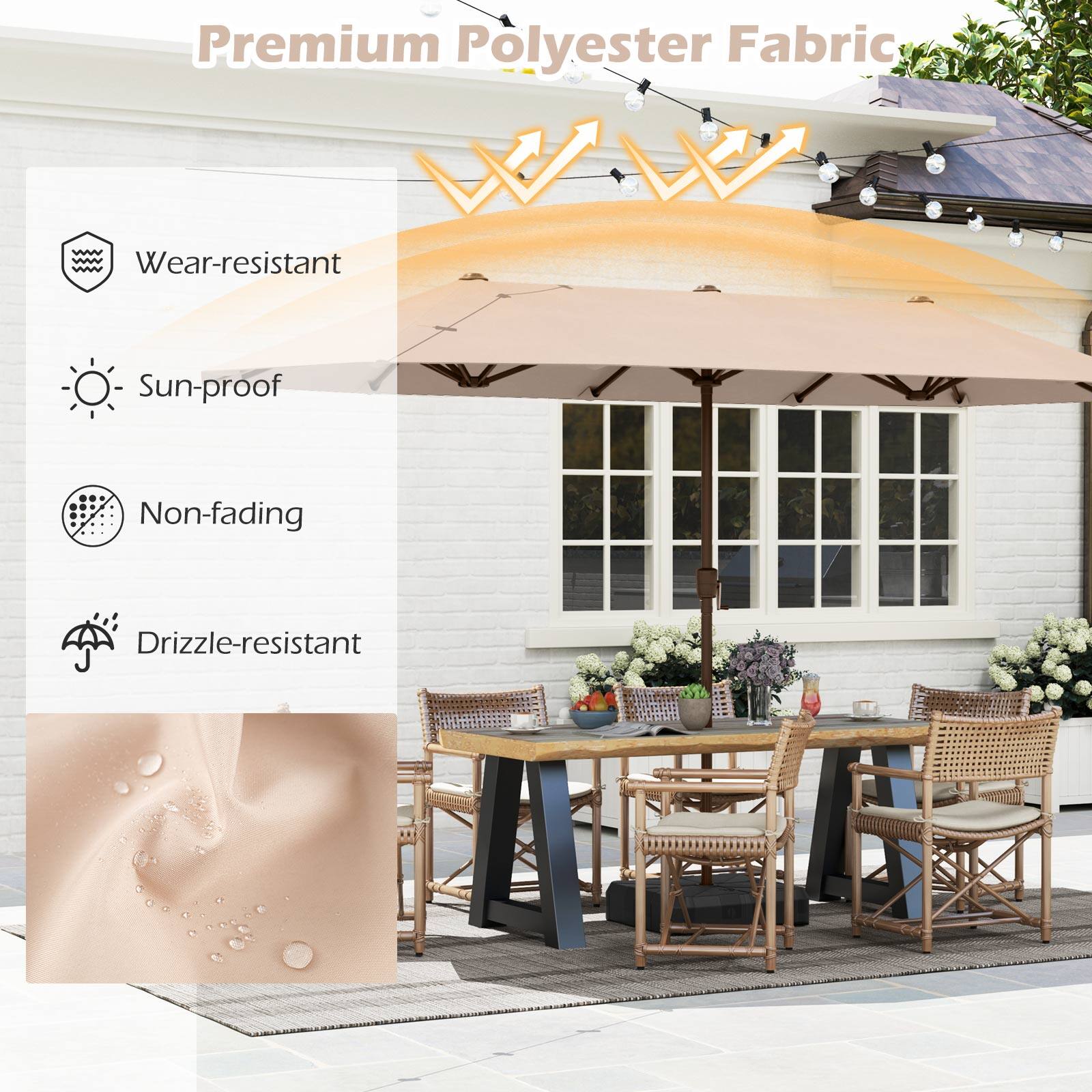Premium Polyester Fabric
Wear-resistant
Sun-proof
Non-fading
Drizzle-resistant