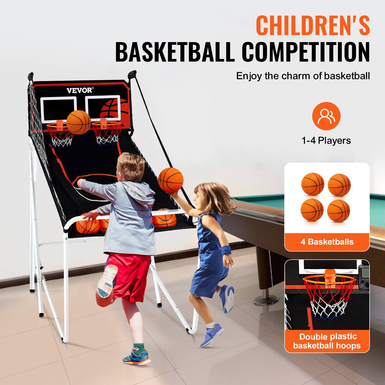 CHILDREN'S BASKETBALL COMPETITION
Enjoy the charm of basketball
VEVOR
1-4 Players
4 Basketballs
Double plastic basketball hoops