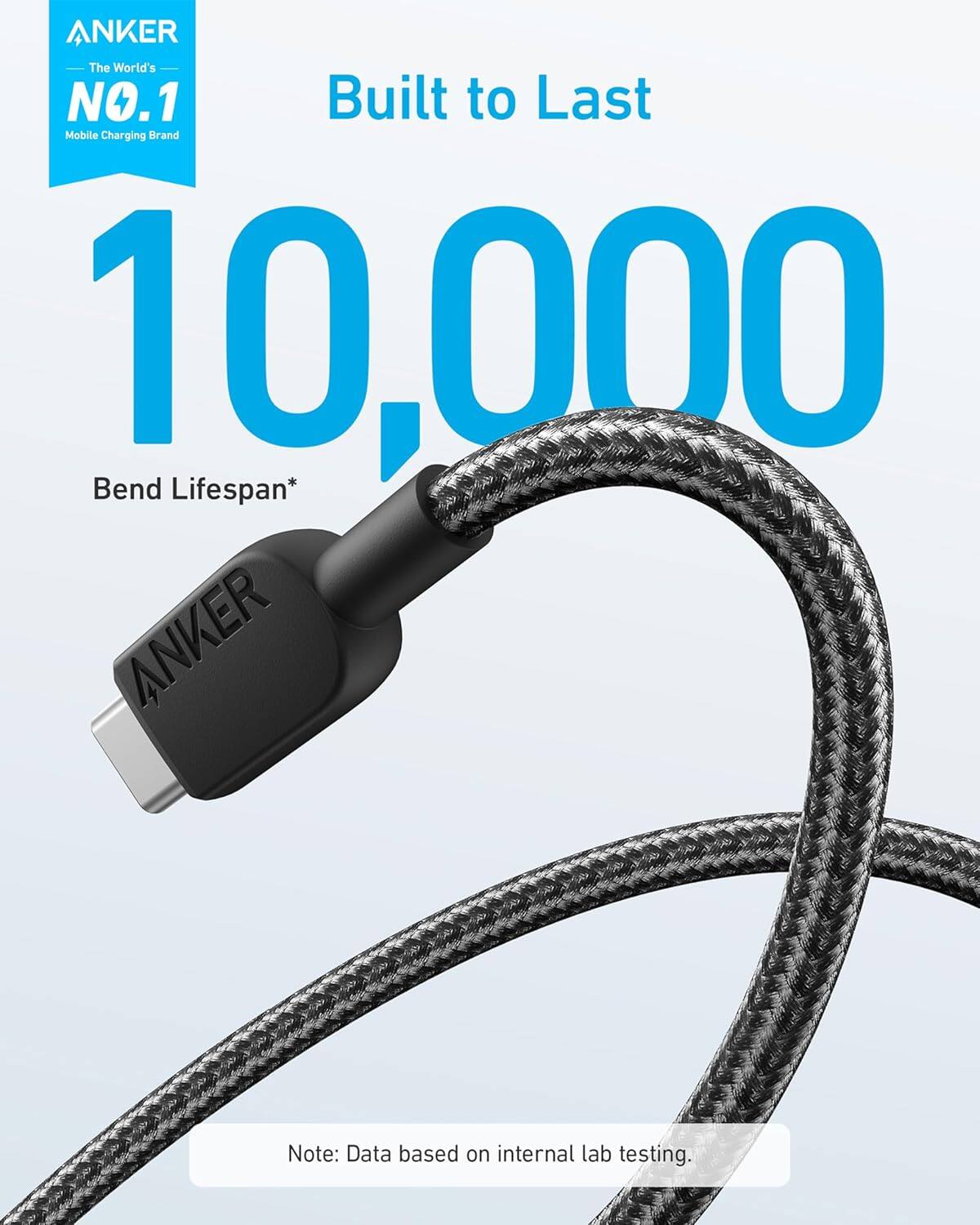 ANKER - The World's NO.1 Mobile Charging Brand

Built to Last

10,000 Bend Lifespan*

Note: Data based on internal lab testing.