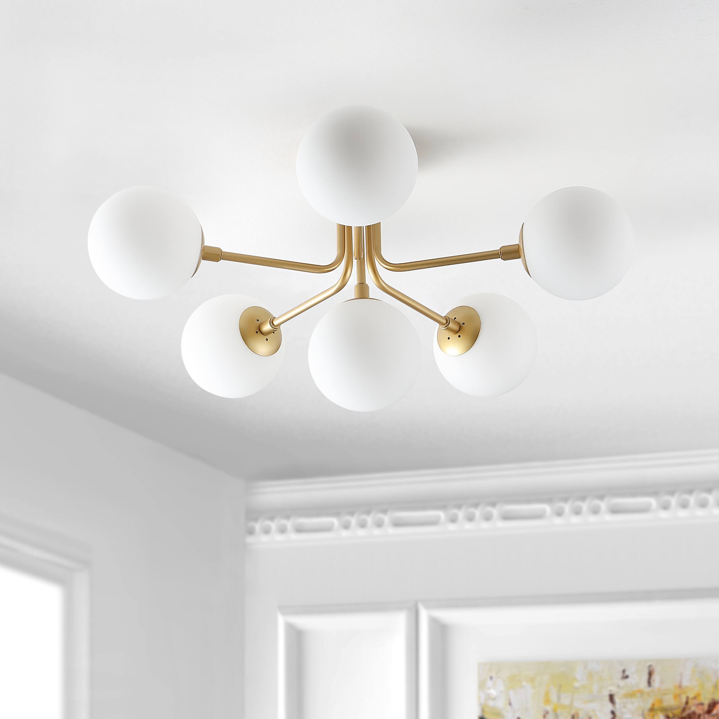 Alt View 5. Jonathan Y - Olivier Parisian 24" 6-Light Globe Modern Industrial Iron Bistro LED Semi Flush Mount, Gold - Brass Gold.