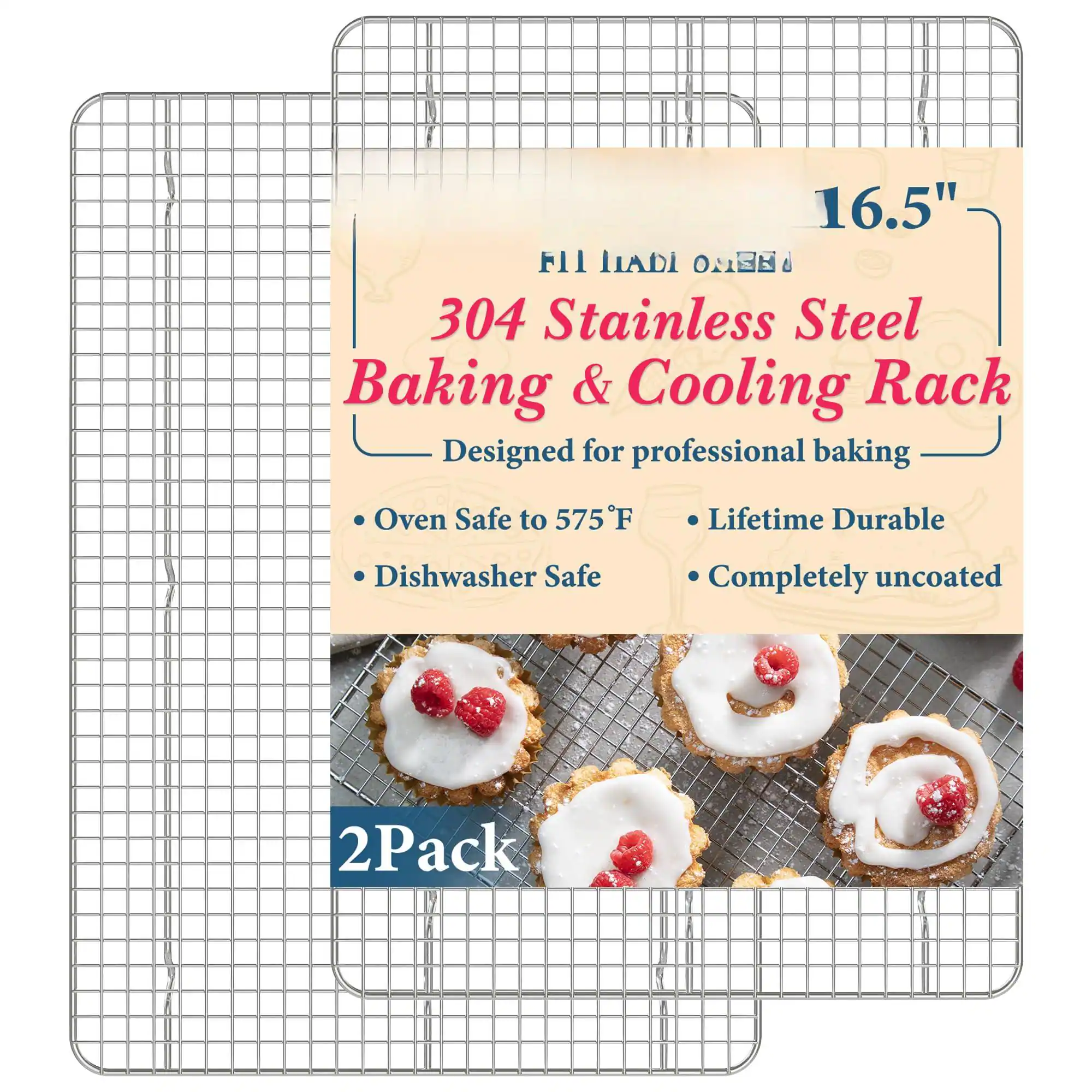 16.5" Fill Ladon 304 Stainless Steel Baking & Cooling Rack  
Designed for professional baking  
- Oven Safe to 575°F  
- Dishwasher Safe  
- Lifetime Durable  
- Completely uncoated  
2 Pack