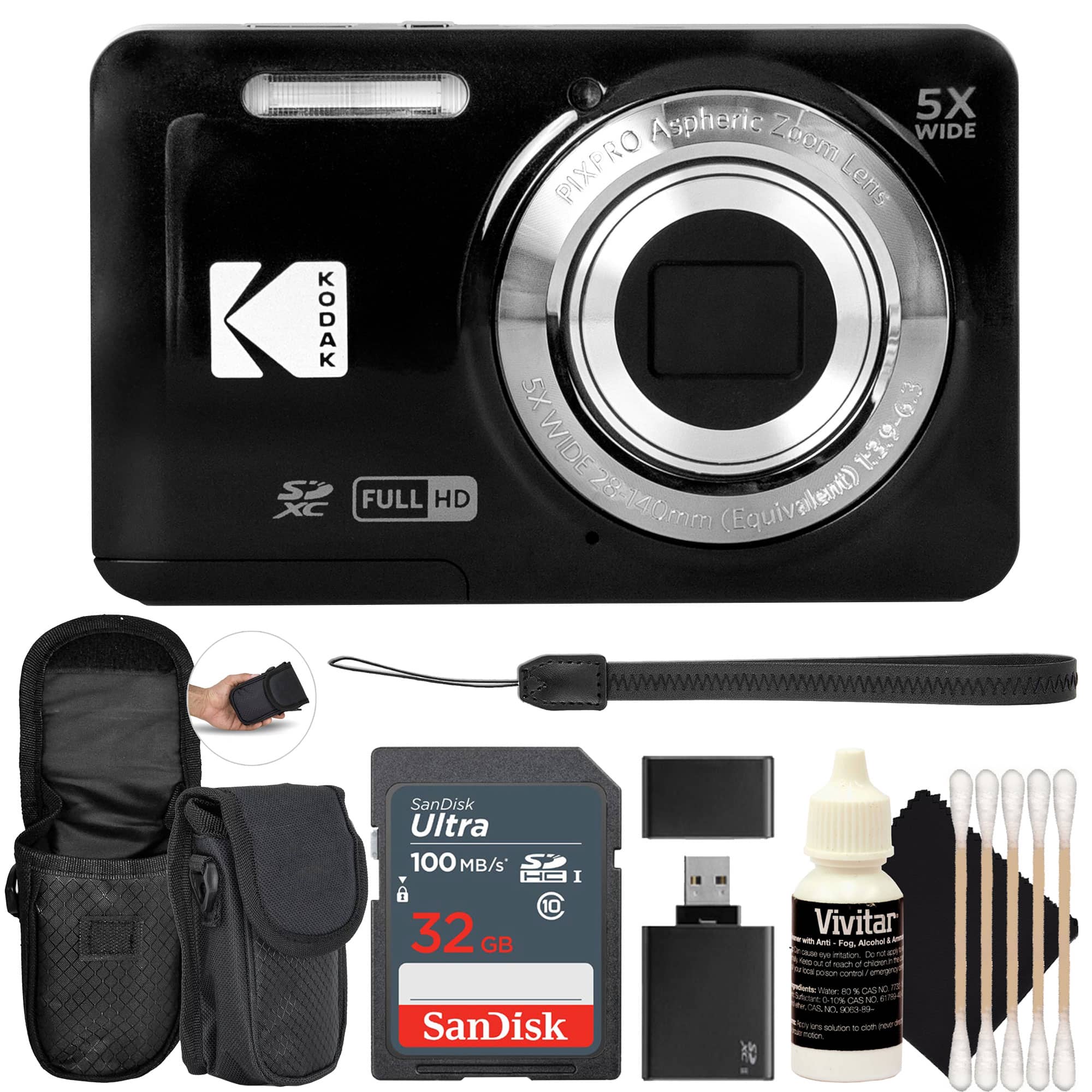 Kodak - PIXPRO FZ55 16MP Digital Camera, SanDisk 32GB SDHC Ultra 100MB/s, Neoprene Compact Protective Carrying Case - Black