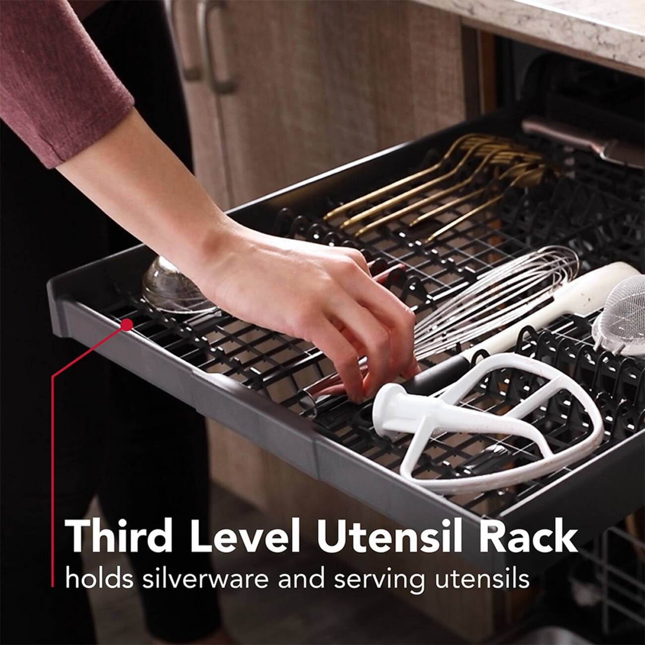 Third Level Utensil Rack holds silverware and serving utensils