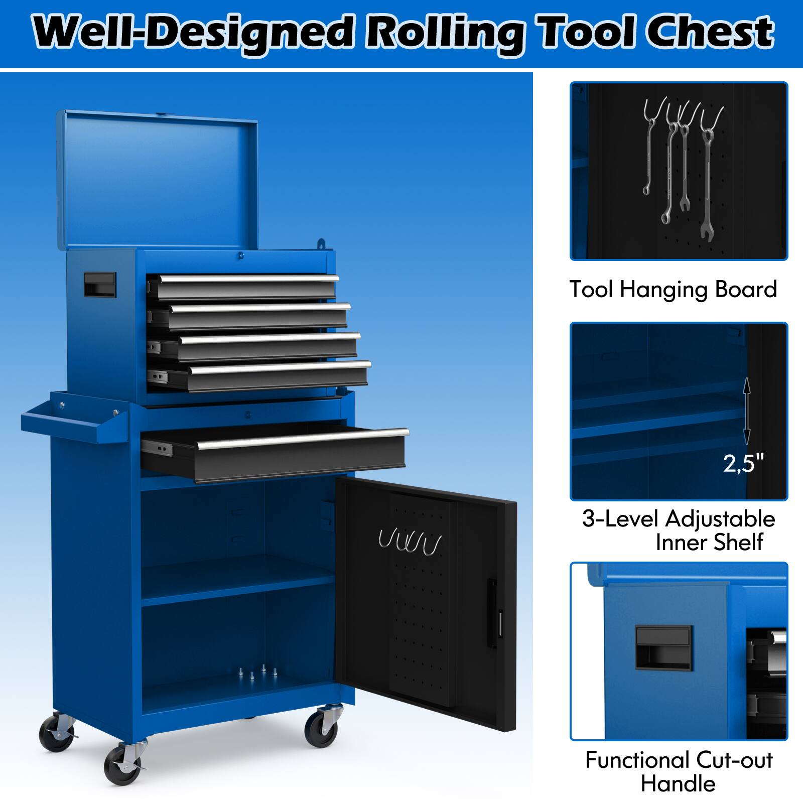 Well-Designed Rolling Tool Chest, Tool Hanging Board, 2.5" UWU, 3-Level Adjustable Inner Shelf, Functional Cut-out Handle