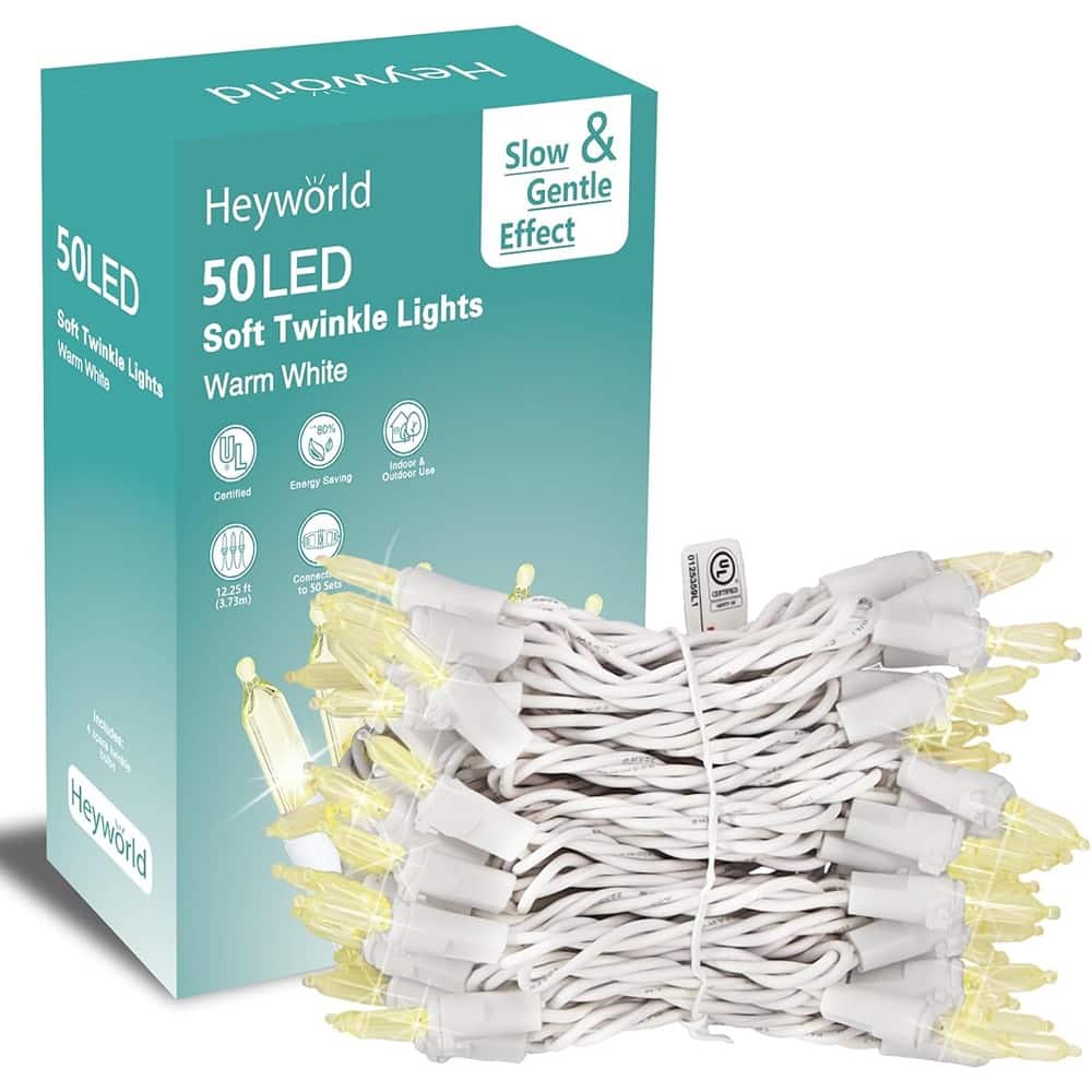 PARKER SLATER - 50 LED slow twinkle Christmas string lights, 14.58ft mini lights on white wire, UL approved - Warm White