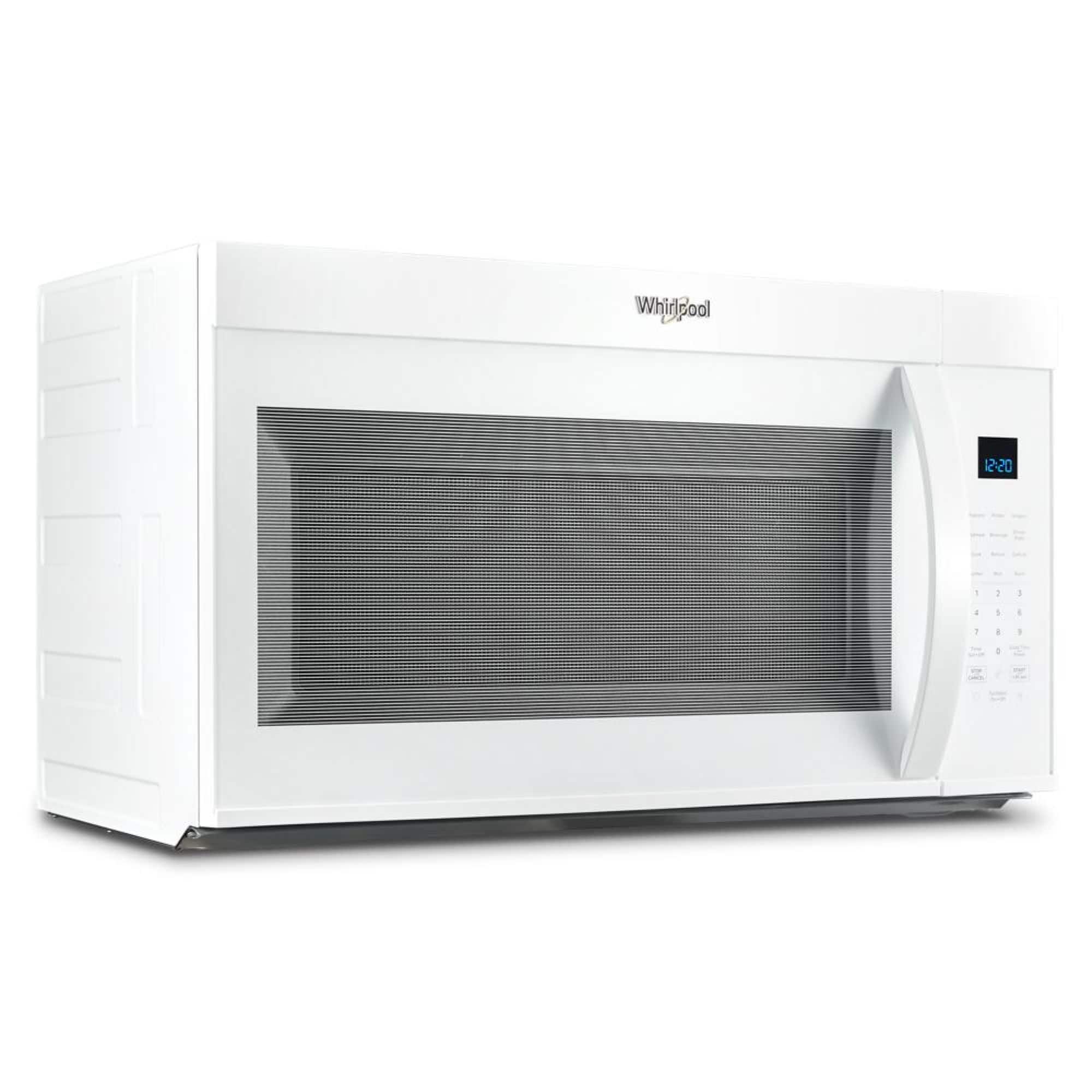 The text on the image reads "Whirlpool 12-20 4". This suggests that the microwave is a Whirlpool brand and has a power rating of 1200 watts with a heating capacity of 20 liters. The microwave is white and has a digital display, which is a common feature in modern microwaves.