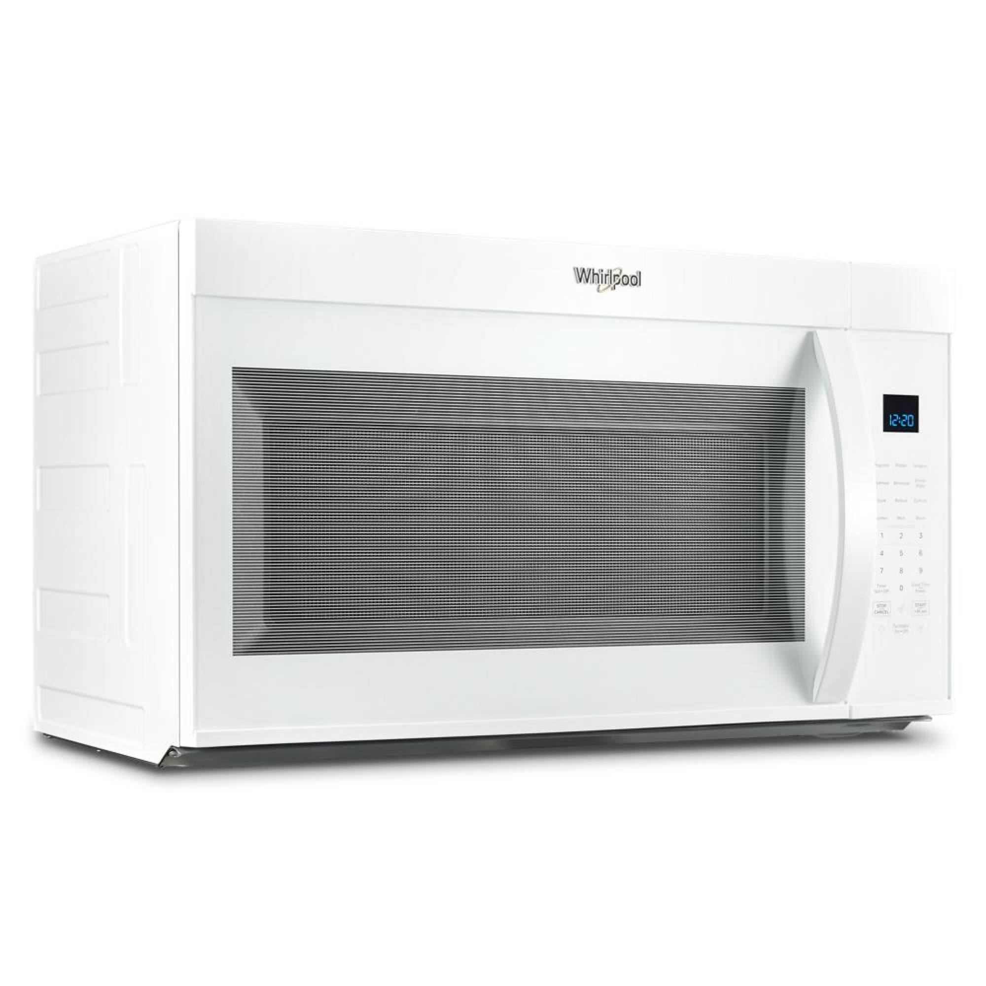 The text on the image reads "Whirlpool 12-20 4". This suggests that the microwave is a Whirlpool brand and has a power rating of 1200 watts with a heating capacity of 20 liters. The microwave is white and has a digital display, which is a common feature in modern microwaves.