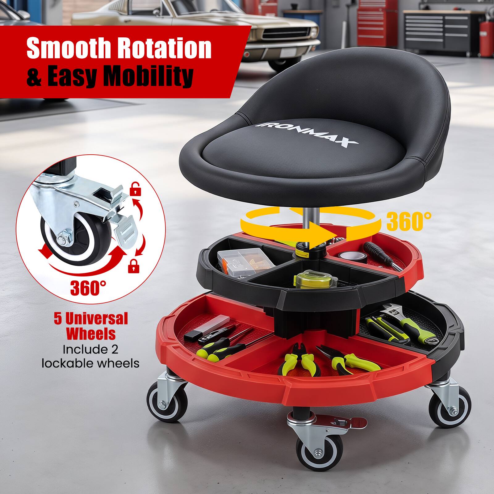 Smooth Rotation & Easy Mobility  
BONMAX 1  
360°  
5 Universal Wheels  
Include 2 lockable wheels