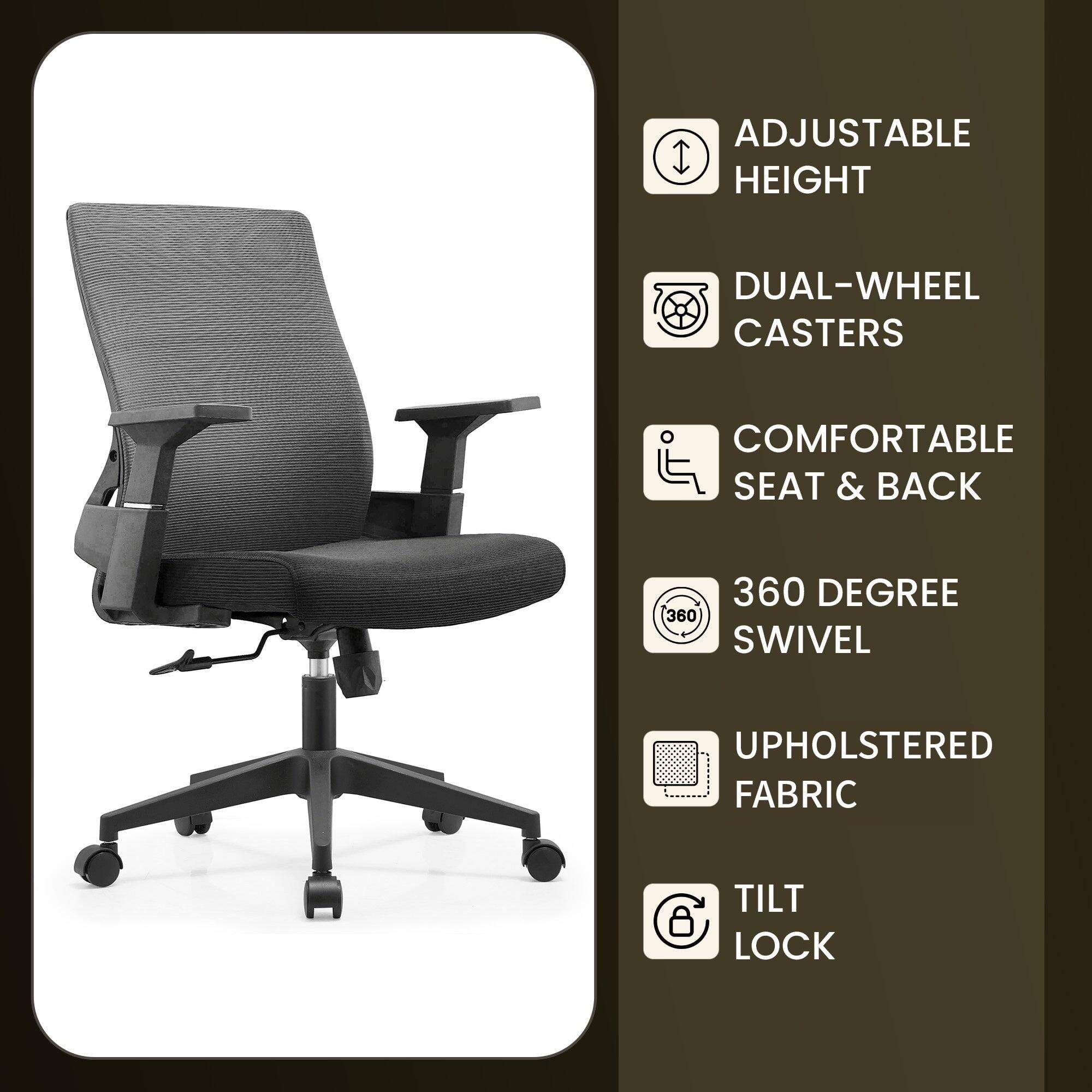 - Adjustable Height
- Dual-Wheel Casters
- Comfortable Seat & Back
- 360 Degree Swivel
- Upholstered Fabric
- Tilt Lock