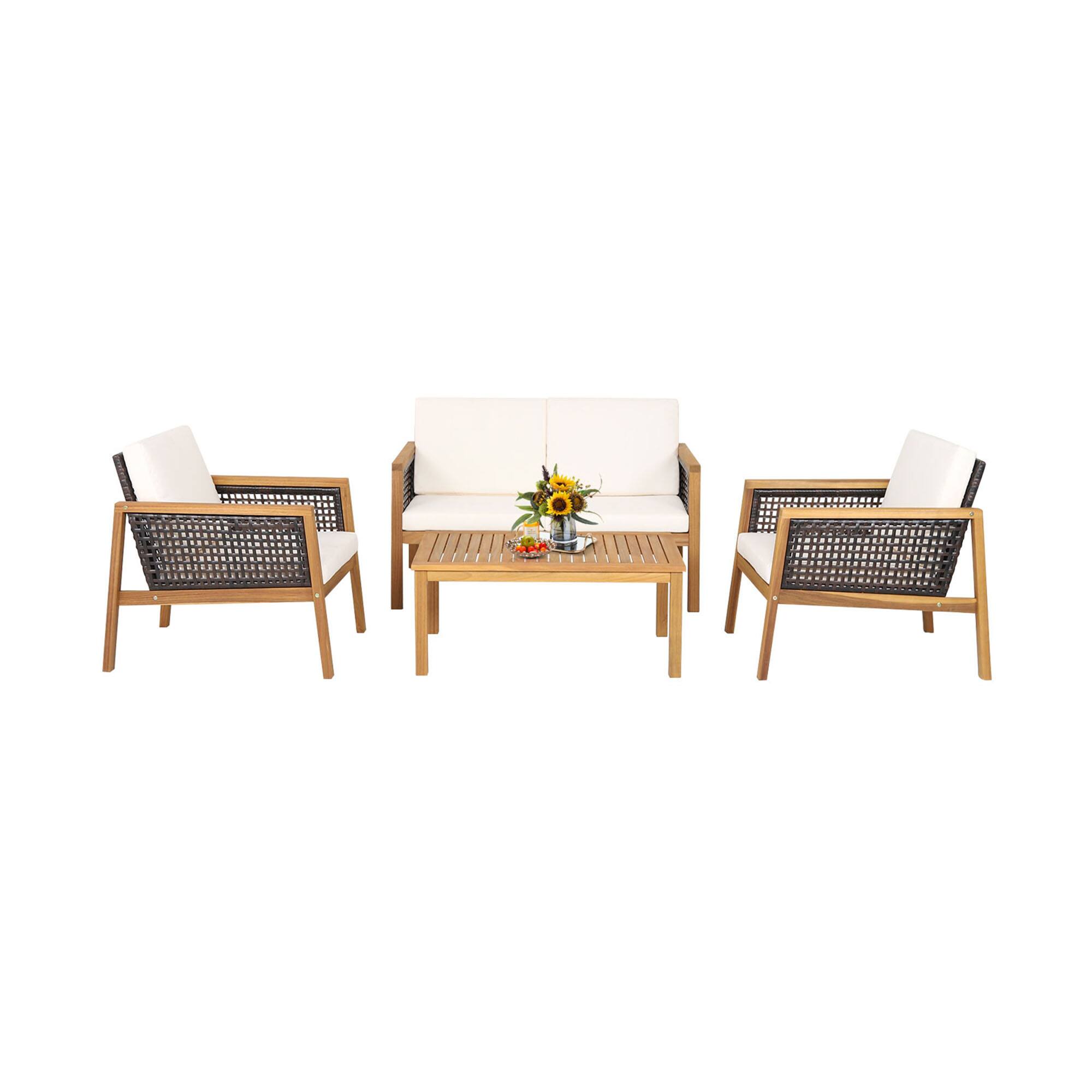 Alt View 1. Gymax - Gymax 4PCS Patio Acacia Wood Furniture Set PE Rattan Conversation Set w/ Off White Cushions - Off White.
