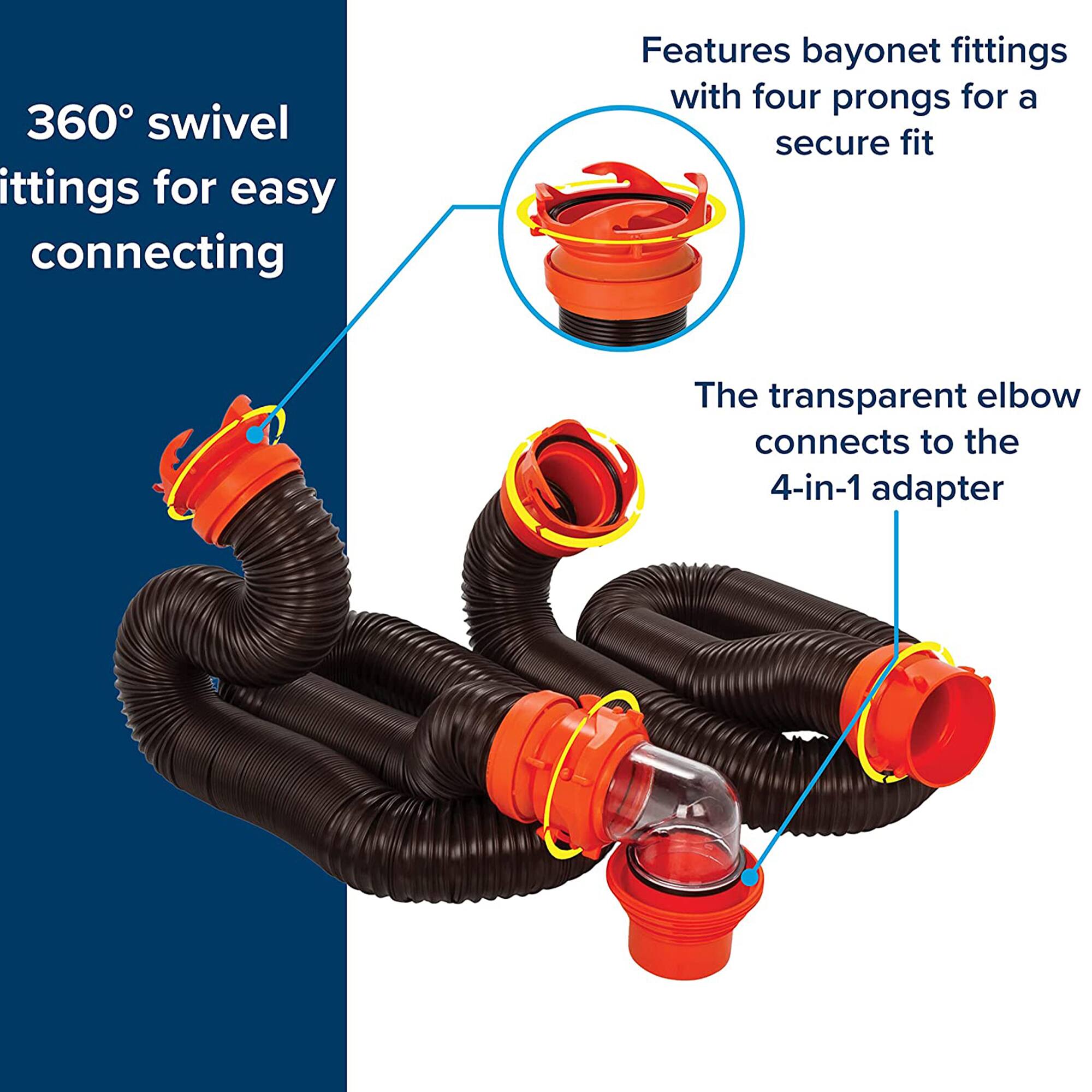360° swivel fittings for easy connecting  
Features bayonet fittings with four prongs for a secure fit  
The transparent elbow connects to the 4-in-1 adapter