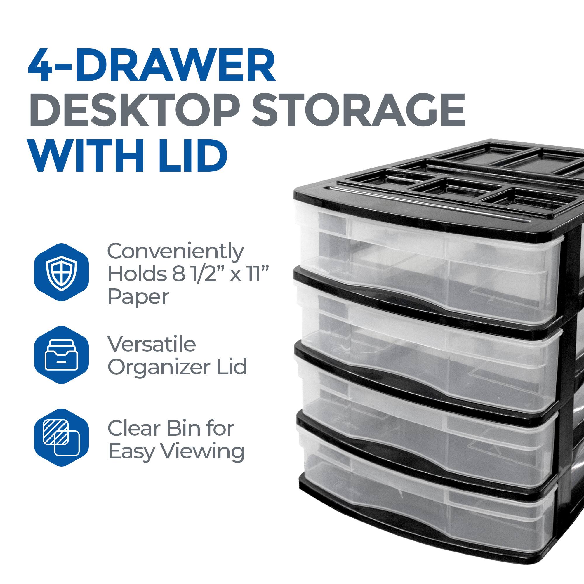 4-Drawer Desktop Storage with Lid

- Conveniently Holds 8 1/2" x 11" Paper
- Versatile Organizer Lid
- Clear Bin for Easy Viewing