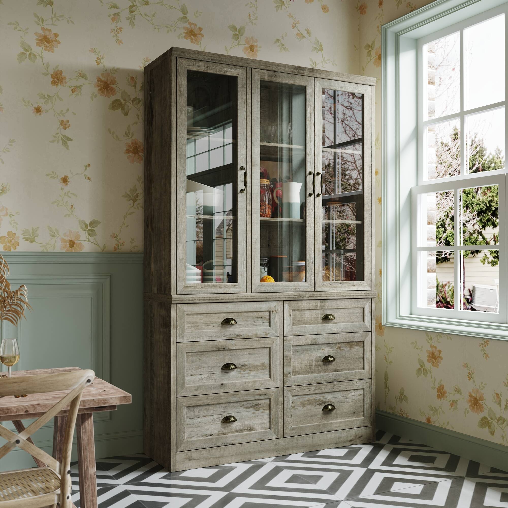 Alt View 9. FUFU & GAGA - Vintage Distressed Glass Display Cabinet with Bronze Shell Handles and Tempered Glass for Living Room or Study - Gray.