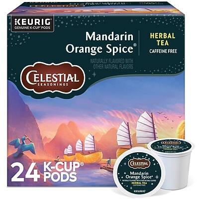 KEURIG GENUINE K-CUP PODS  
Mandarin Orange Spice  
HERBAL TEA  
CAFFEINE FREE  
NATURALLY FLAVORED WITH OTHER NATURAL FLAVORS  
CELESTIAL SEASONINGS  
24 K-CUP PODS  
CELESTIAL Mandarin Orange Spice HERBAL TEA