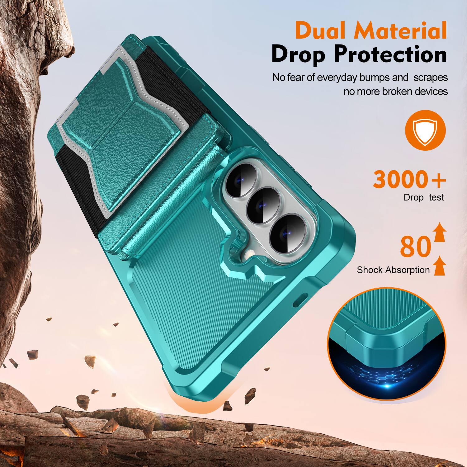 Dual Material Drop Protection  
No fear of everyday bumps and scrapes, no more broken devices  

3000+ Drop test  
80 Shock Absorption