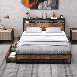 Costway - Queen Industrial Platform Bed Frame with Drawer Storage Headboard Charging Station - White