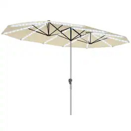 Outsunny - Double-Sided Outdoor Umbrella with Solar Lights, UPF50+ Extra Large Aluminum Patio Umbrella with Crank - Cream White