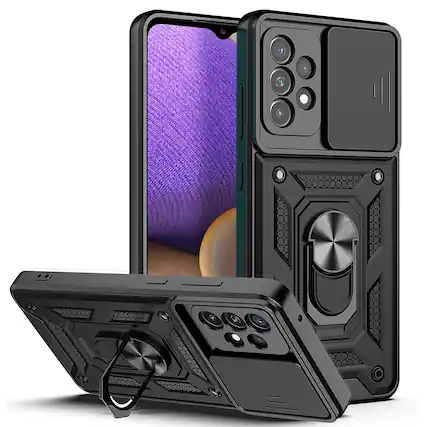 Front. Reiko - Samsung Galaxy A52 5G Black Case with Kickstand Ring Holder, Slide Camera Cover, Shockproof TPU, Magnetic Mount - Black.