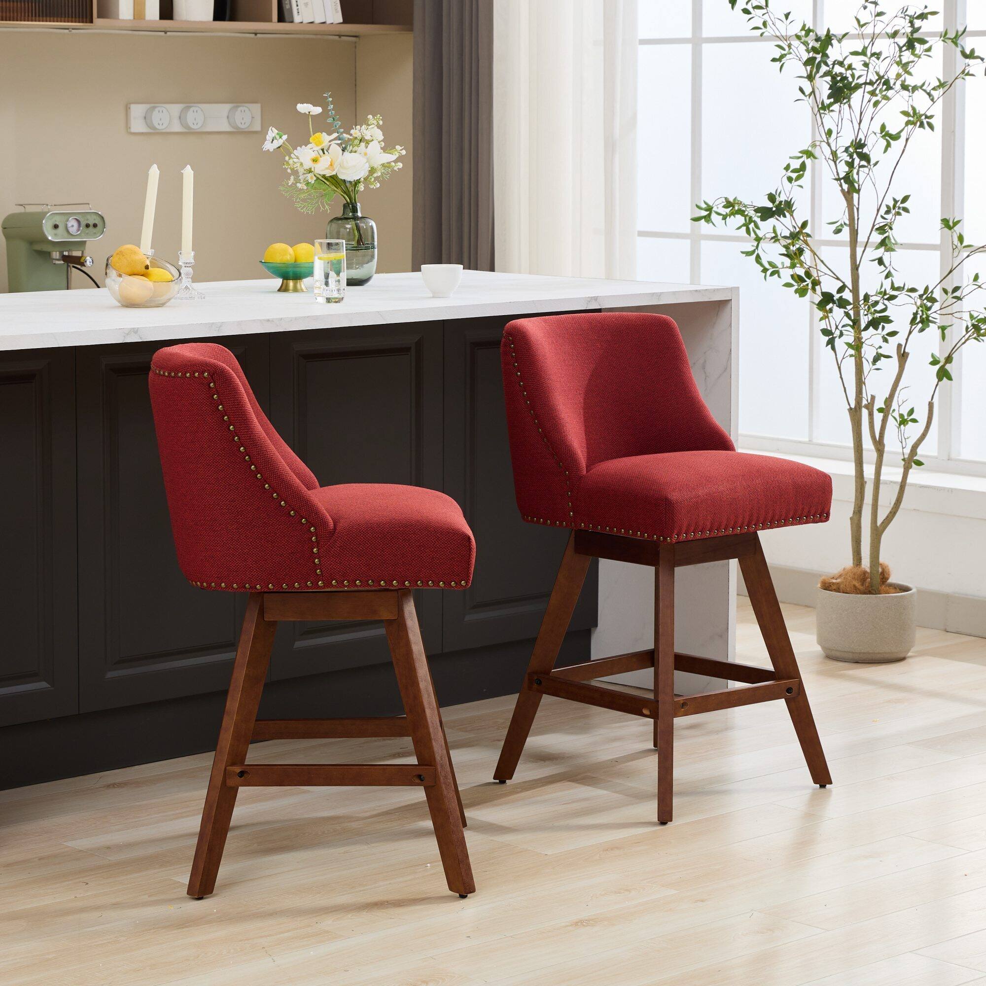 Angle. Trinkets Crazed - Counter Height Swivel Barstools Set of 2, 26'' H Seat Height Upholstered Bar Stools, Fabric - Red.